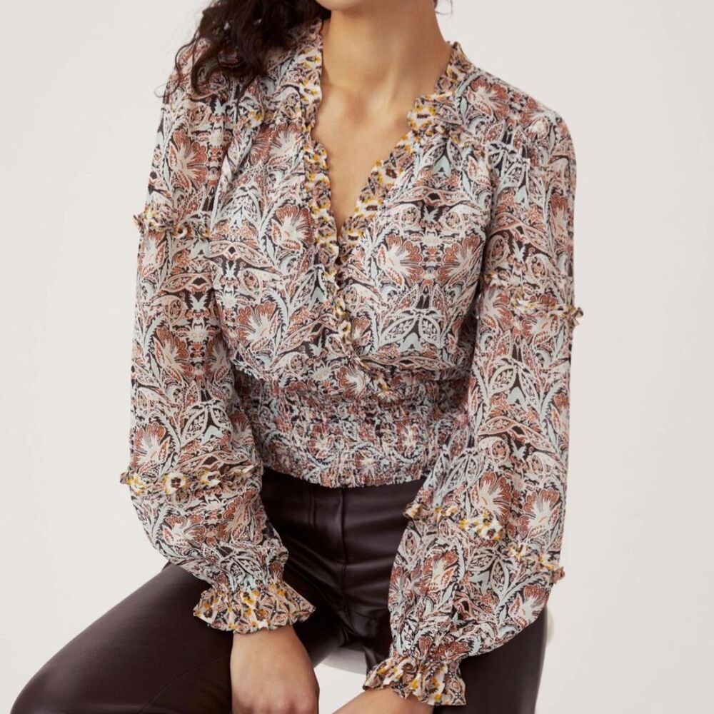 Anthropologie Ruffle Surplice Blouse Open Top Smocked Waist Floral Paisley Pt M